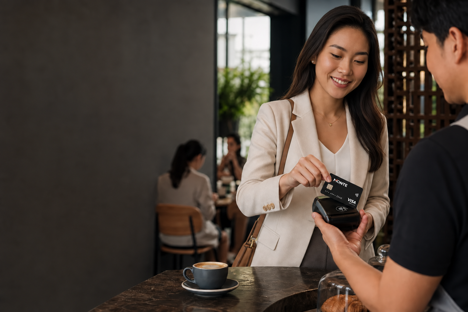 A customer tapping a black MONTE Visa Signature card in a contemporary cafe